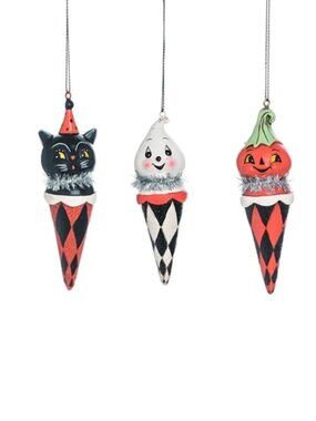 Johanna Parker Halloween Cone Ornaments - Black Cat, Ghost & Pumpkin - Set of 3